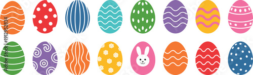 Colorful Easter egg collection isolated on white background, decorative spring holiday vector set with pattern eggs, bunny icon, festive design bundle