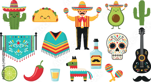 Mexican culture illustration set with mariachi musician, tacos, cactus, skull, guitar, avocado, poncho, tequila, and colorful festive elements for Cinco de Mayo designs