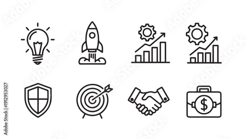 Business Icons Set: Idea, Rocket, Growth, Security, Target, Deal, Finance
