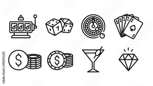 Casino Icons Set: Slot Machine, Dice, Roulette, Cards, Chips, Martini, Diamond