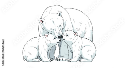 Mother polar bear with two cubs cuddling on white background