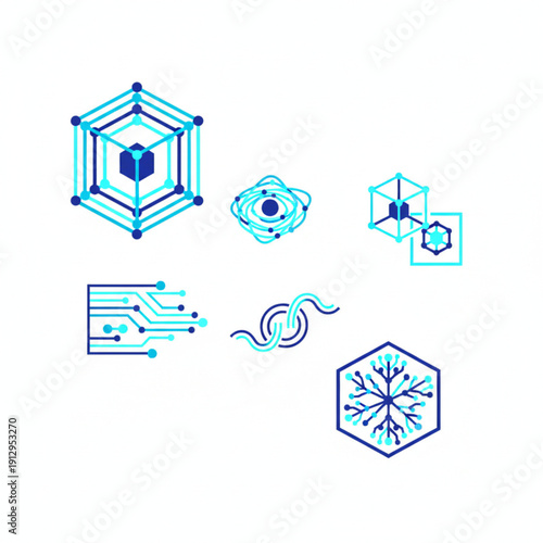 Modern technology icon set illustrating digital connections, network pathways, and abstract data concepts, featuring orbital elements and complex tech lines for innovative designs