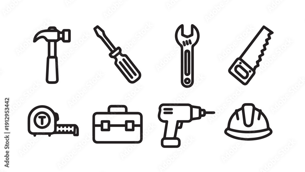 Fototapeta premium Collection of Hand Tools and Safety Gear Icons on White Background