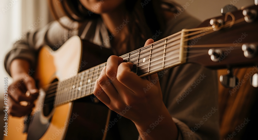 Fototapeta premium Close-up of a person playing an acoustic guitar in a cozy indoor setting with warm lighting and a blurred background for a musical and artistic vibe