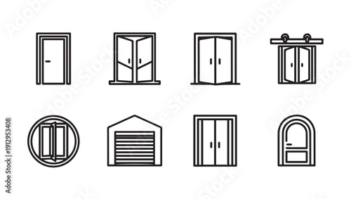 Collection of Door Icons with Various Styles and Designs in Line Art