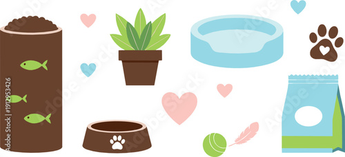 Pet care and love illustration set with cat food, bowl, water dish, plant, paw print, treats, and heart symbols in cute vector style
