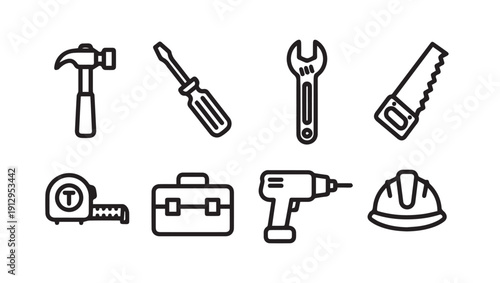 Collection of Hand Tools and Safety Gear Icons on White Background