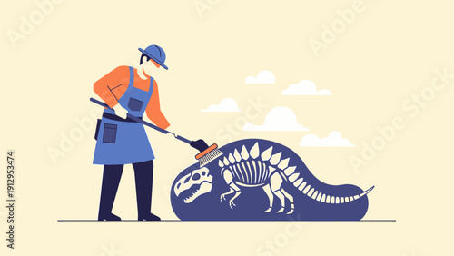 Paleontologist Cleaning Dinosaur Fossil with Brush.