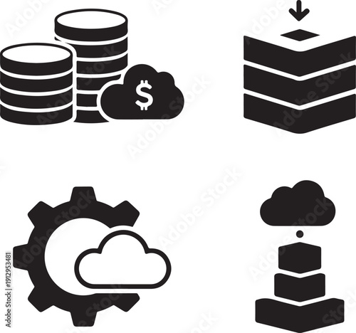 Modern icons representing cloud storage database servers and automated data processing workflows with transparent background