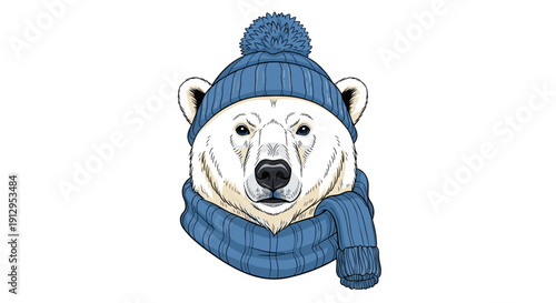 Polar bear wearing winter hat and scarf on white background