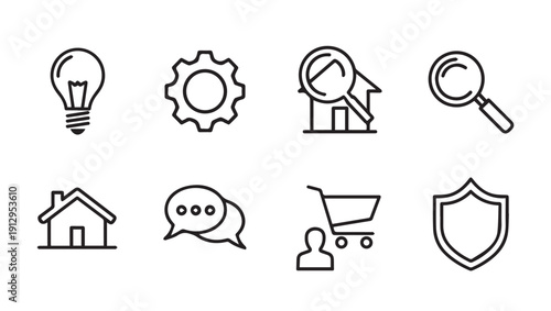 Collection of Website Icons: Lightbulb, Gear, Search, House, Chat, Cart, Shield