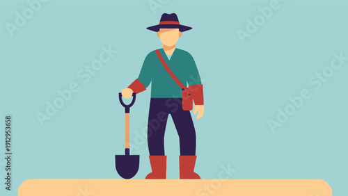 Farmer Standing with Shovel and Bag.