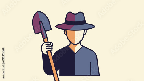 Farmer holding shovel in cartoon style.