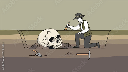 Man examining skull with magnifying glass.