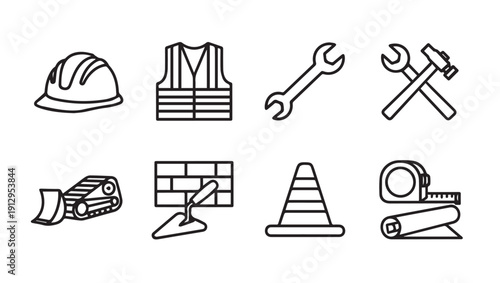 Construction Icons Set: Safety Vest, Helmet, Tools, Equipment, Materials, Stock Media