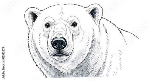 Polar bear portrait sketch in black and white wildlife art