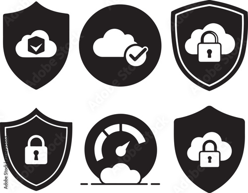 Set of six cloud storage security and performance icons featuring shields locks and speedometer symbols on transparent background