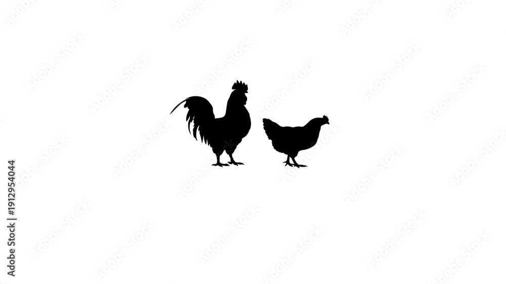 Obraz premium Silhouettes of rooster and hen standing side by side