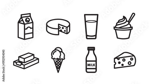 Dairy Products Icons Collection Milk Cheese Ice Cream Butter Vector Illustration