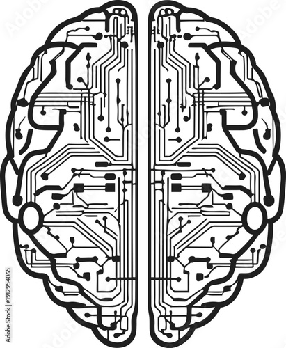 Black and white vector illustration of artificial intelligence brain made of circuit lines, symmetrical design, sharp clean line art, flat style, isolated on white background, no shading 1