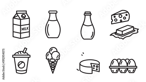 Dairy Products Icons: Milk Carton, Bottles, Cheese, Butter, Ice Cream, Eggs