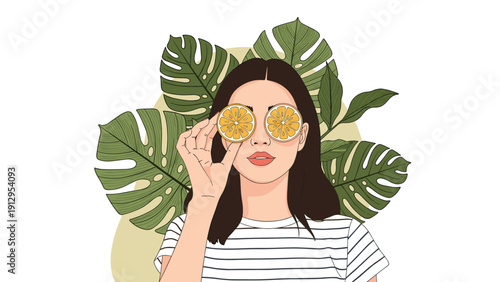 Young woman wearing a striped shirt posing with two lemon slices held over her eyes against a tropical leaf background.
