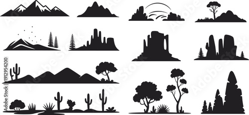Nature landscape silhouettes set, mountains desert rocks trees collection, black minimal outdoor scenery icons illustration vector