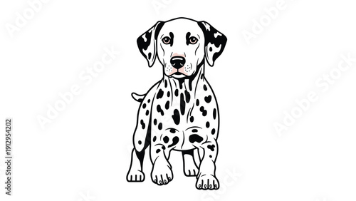 Charming Dalmatian dog with unique black spots sitting and looking forward with a friendly expression on a white background.