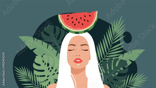 Serene woman with long white hair posing with a slice of watermelon balanced on her head against a tropical leaf background.
