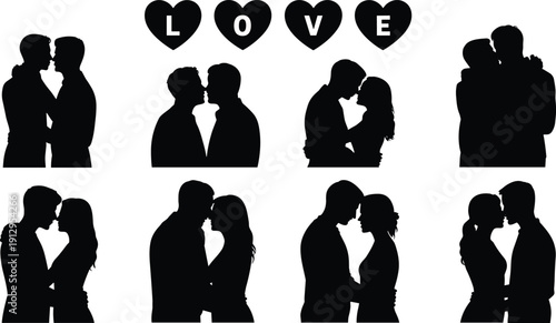 Romantic couple silhouette illustration featuring affectionate poses with decorative LOVE hearts symbolizing passion, intimacy, relationship, and Valentine’s Day graphics for romance themes