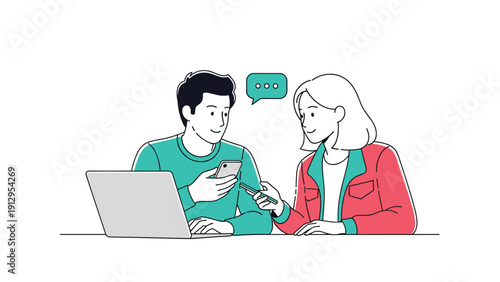 Young man and woman sitting together at a table with a laptop while using their smartphones and communicating.