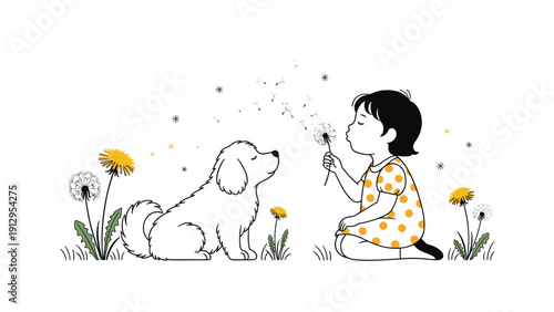 Sweet illustration of a young girl in a polka dot dress sitting with her white dog and blowing dandelion seeds in a field.