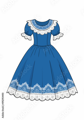 Blue vintage puffy sleeve dress with white lace detailing fashion illustration