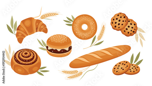 Delicious selection of freshly baked goods including croissants, burgers, baguettes, cookies, and cinnamon rolls with wheat stalks.