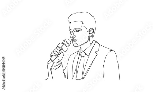 Reporter holding microphone illustration in continuous one line drawing. News reporter broadcasting concept in a minimalist vector art style.