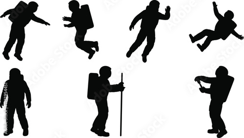 Astronaut silhouette set in zero gravity poses, floating and falling spaceman figures with backpack, isolated on white background, spacewalk action collection vector.