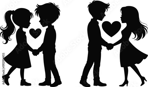 Romantic couple silhouette illustration featuring boy and girl holding hands with decorative heart symbolizing love, affection, intimacy, and relationship graphics for Valentine’s Day themes
