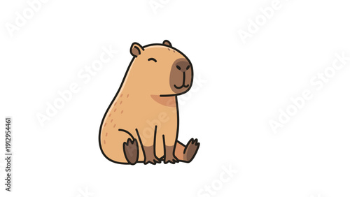 Cute and calm capybara sitting on its hind legs with a happy and peaceful expression against a clean white background.