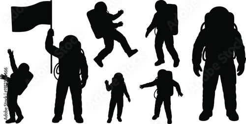 Astronaut silhouette set with flag and floating poses, spaceman and cosmonaut spacewalk collection, isolated black space explorer figures bundle for sci fi design on white background.