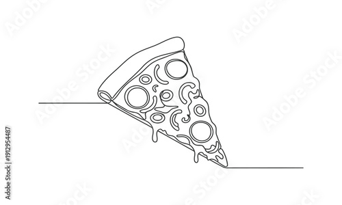 Minimalist line art of pizza slice with pepperoni toppings. food related publications, or contemporary kitchen decor applications.