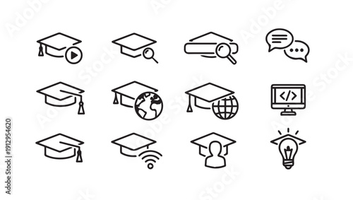 Education Icons: Graduation Cap, Globe, Search, Lightbulb, Code, Wifi, Chat