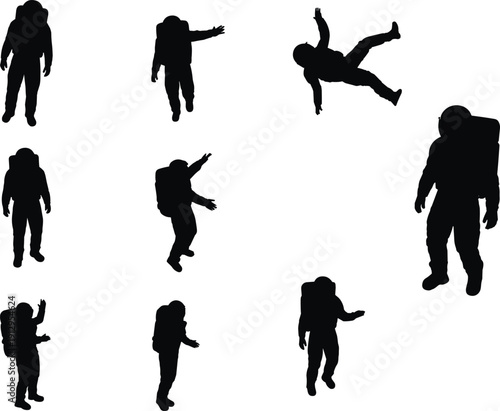 Astronaut silhouettes set in floating zero gravity poses, spaceman with backpack in different positions, isolated on white background, spacewalk action vector collection.