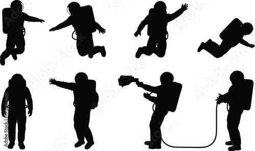Astronaut silhouettes set in zero gravity floating poses, spaceman with backpack and oxygen hose, spacewalk action figures isolated on white background vector collection.