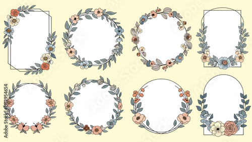 Collection of eight delicate floral wreath frames in various shapes like circle, oval, and arch decorated with colorful flowers.