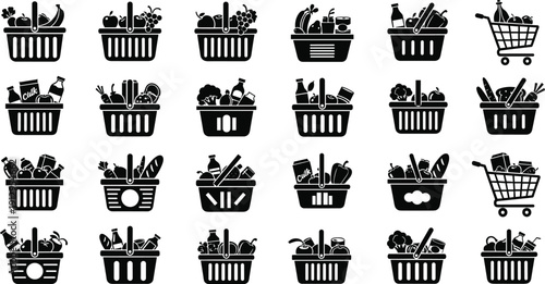 "Black and white grocery basket and shopping cart icon collection featuring fruits, vegetables, bottles, cartons, and packaged goods for retail, supermarket, and e‑commerce branding projects"