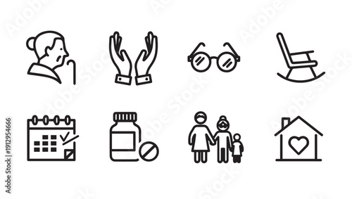 Elderly Care Icons: Health, Family, Home, and Support Symbols