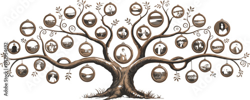 Family tree illustration, black and white artwork, genealogy design, heritage timeline, circular photo frames, lineage representation, historical connection, roots and branches