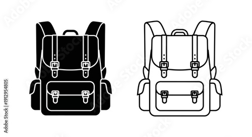 Two backpacks with straps and buckles, black and gray, minimalist design, line art Vector