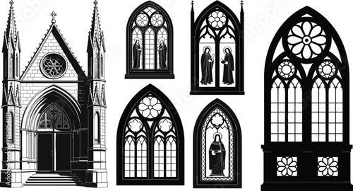 Gothic cathedral architecture illustration, ornate pointed arches, stained glass windows, religious figures design, decorative tracery, medieval church façade artwork