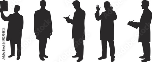 Doctor silhouette set with clipboard and writing poses, medical staff standing collection, healthcare professional figures isolated on white background, hospital medicine vector illustration.